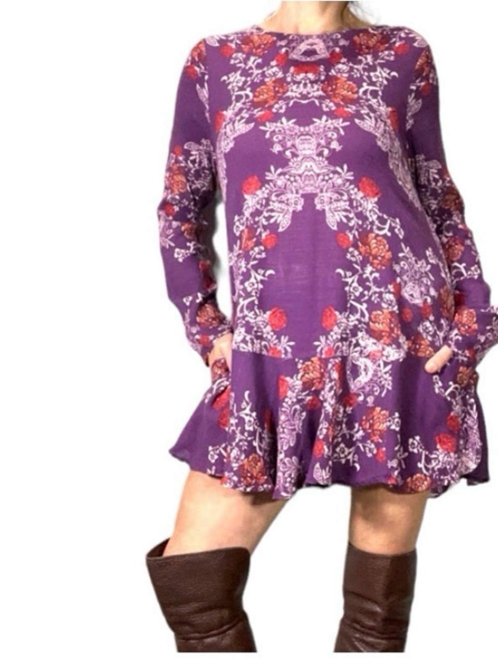 Free People Purple Floral Blouse with Red-Orange Flowers Smooth Talker peplum MD - Picture 3 of 10